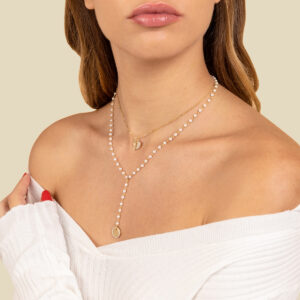 925 Sterling Silver necklace with pearls and round plate decorated with cubic zirconia