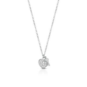 925 Sterling Silver chain necklace, heart-shaped pendant lock with cubic zirconia pave and key