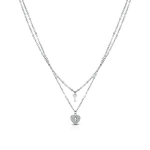 925 Sterling Silver double chain necklace, heart-shaped pendant lock with cubic zirconia pave and key