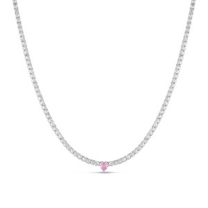925 Sterling Silver Tennis Necklace with cubic zirconia and central heart in various colors