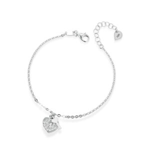 925 Sterling Silver chain bracelet, heart-shaped pendant lock with cubic zirconia pave and key
