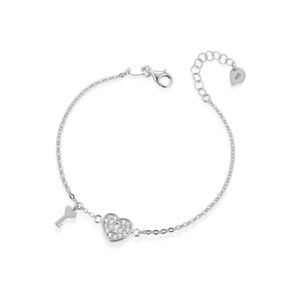 Bracciale con catena in Argento 925, lucchetto a forma di cuore con pavè di zirconi e chiave