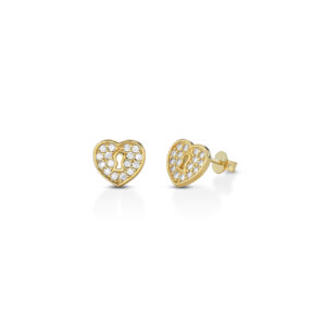 925 Sterling Silver earrings, heart-shaped padlock with cubic zirconia pave