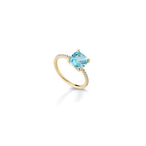 925 Sterling Silver ring, square-shaped aquamarine stone with cubic zirconia